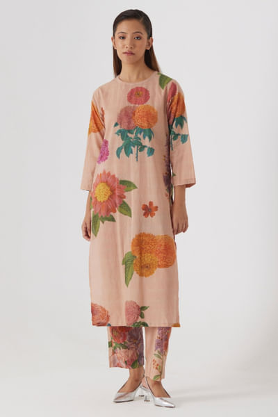 Beige vintage garden printed long kurta set