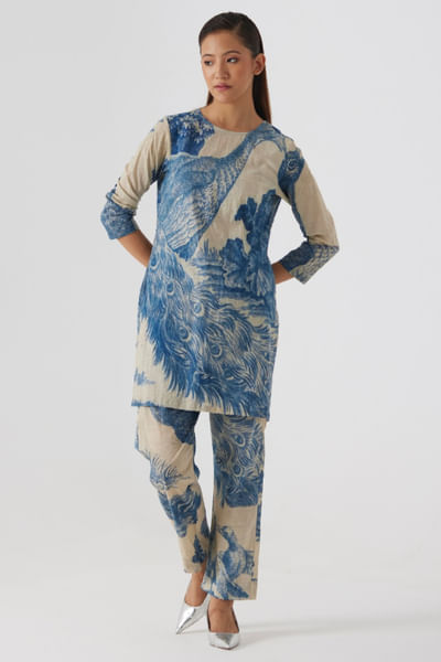 Off-white peacock printed short kurta set