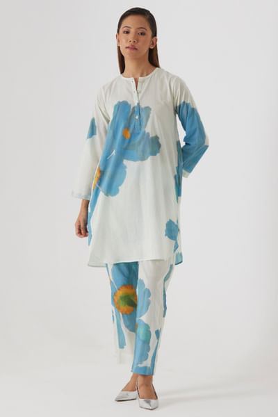 White poppy printed short kurta set