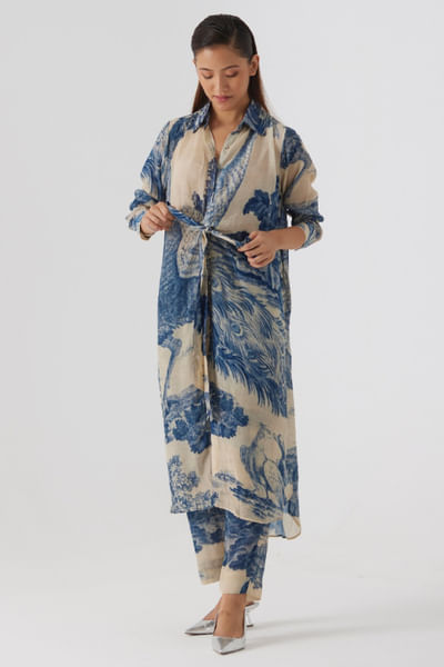 Off-white peacock printed wrap kurta set