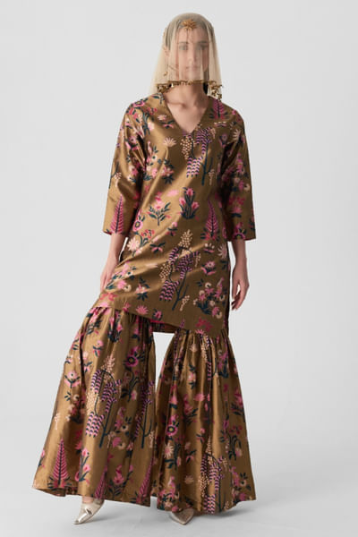 Multicolour hand block printed sharara set