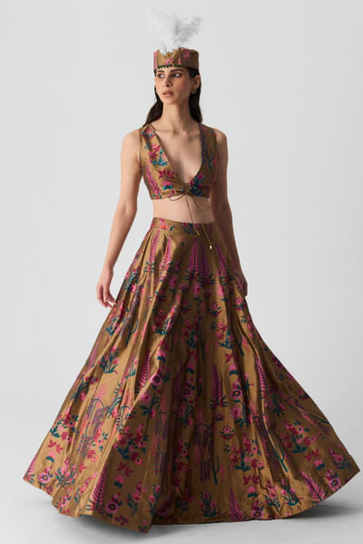 Multicolour hand block printed lehenga set