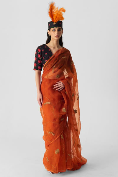 Orange gota embroidered sari