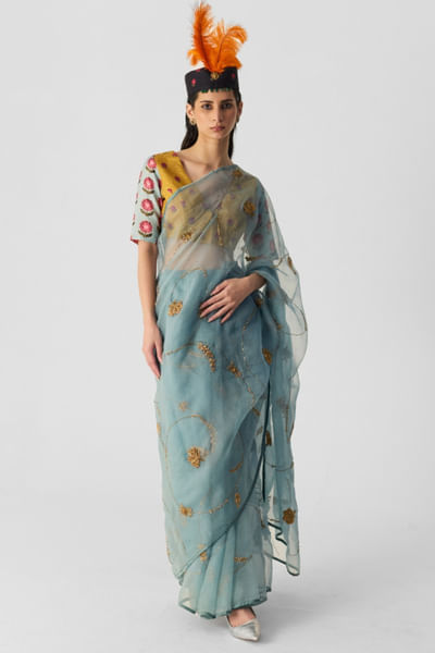 Blue dabka embroidered sari