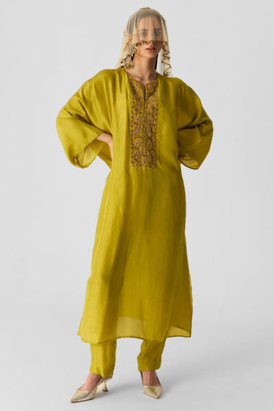 Lime dabka embroidered kaftan set