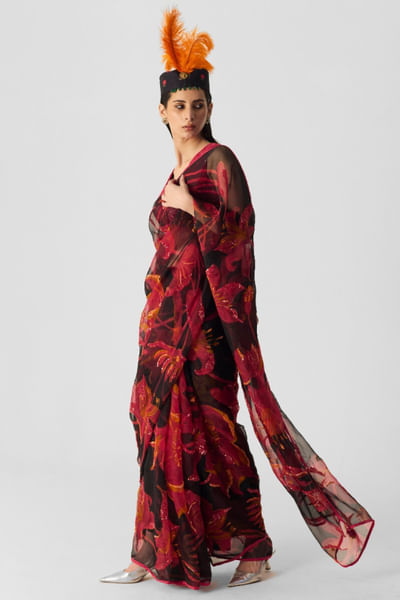 Black and pink floral printed sari