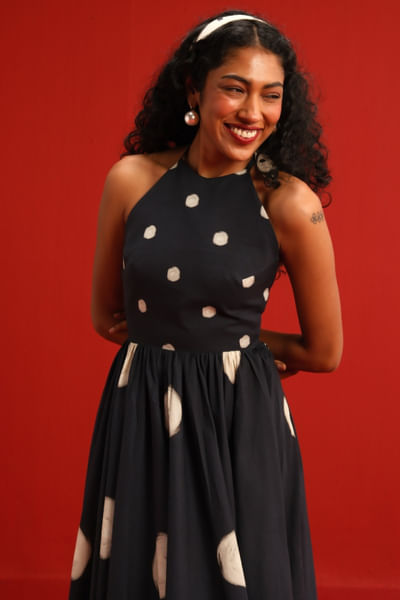 Black and white polka dot halter neck dress