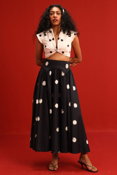 Black and white polka dot cropped skirt set