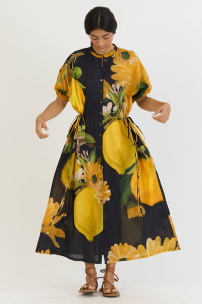 Black and yellow pomello print tie-up dress