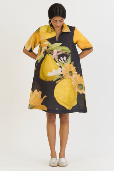 Black and yellow pomello printed short dress