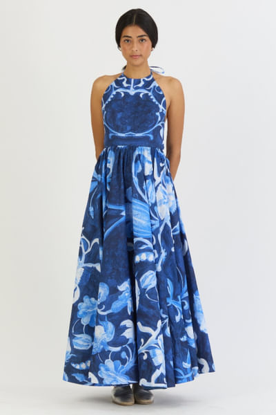 Blue printed halter neck dress