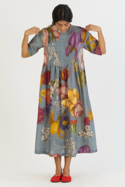 Blue printed pintuck dress