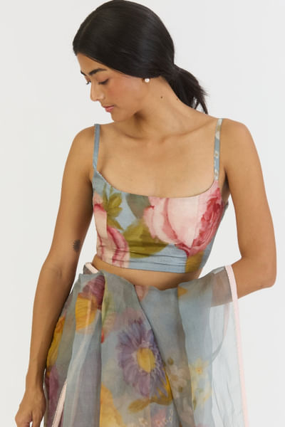 Blue printed silk blouse