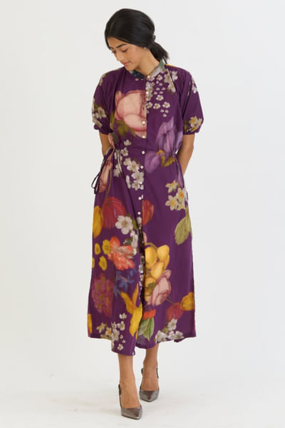 Purple printed tie-up dress