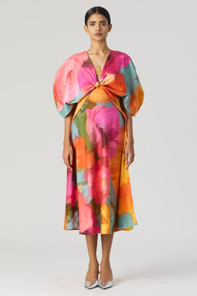 Multicolour printed front-knotted dress