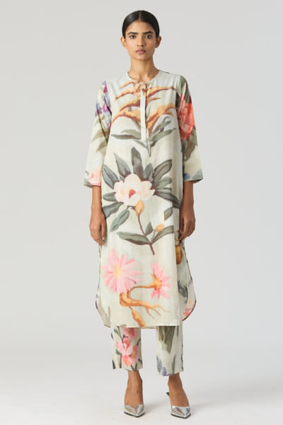 Mint floral printed and embroidered kurta set