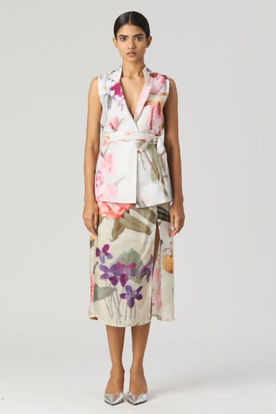 Mint floral print belted jacket and skirt set