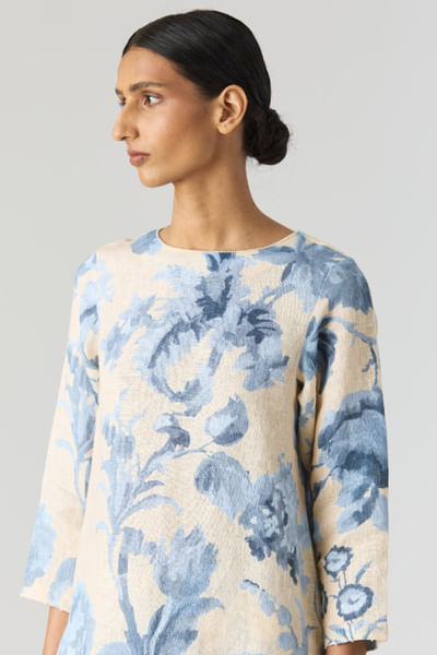 Blue floral printed and embroidered kurta set
