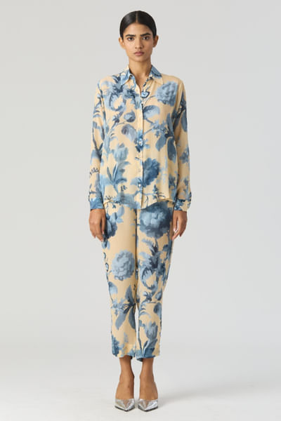 Blue floral printed and pleated cotton dress