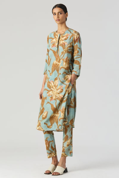 Aqua and mustard printed kurta set