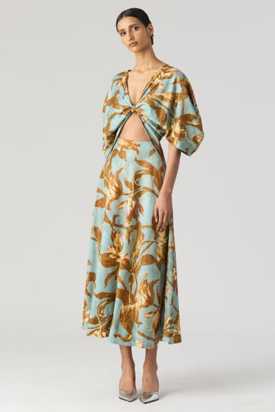 Aqua and mustard printed front-knotted dress