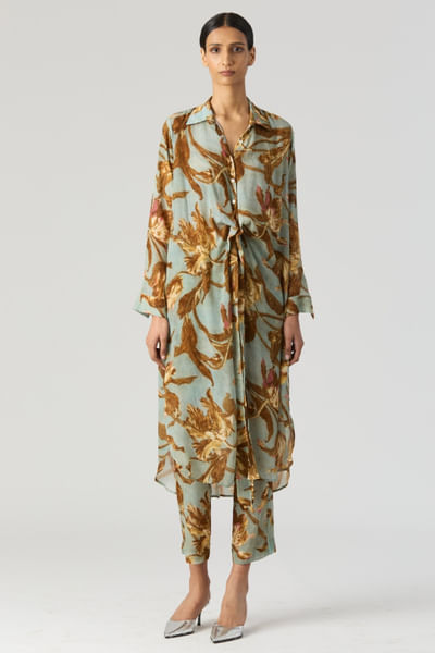 Aqua and mustard floral printed kurta set