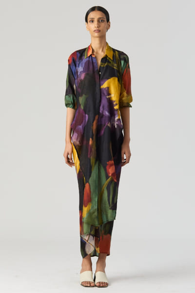 Black printed wrap top and knotted skirt