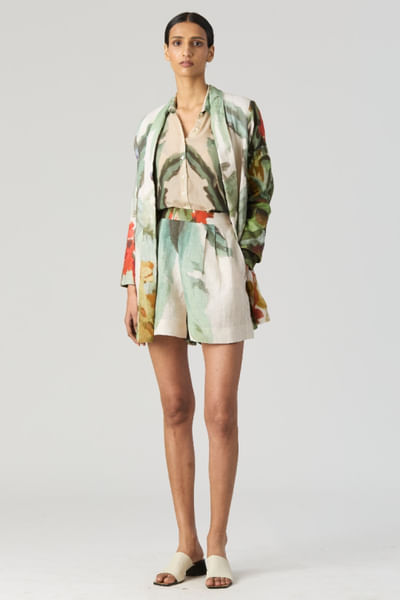 Green jungle printed blazer and shorts set