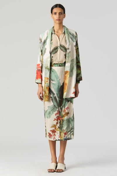 Green jungle printed blazer and skirt set