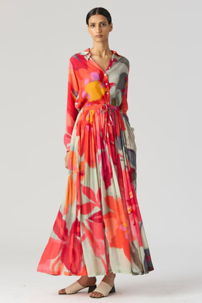Pink and red floral print shirt and skirt set