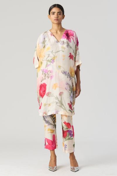 White floral printed short kaftan set