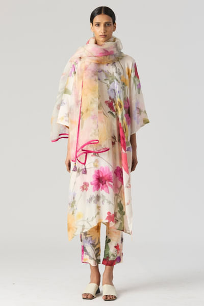 White floral printed organza dupatta