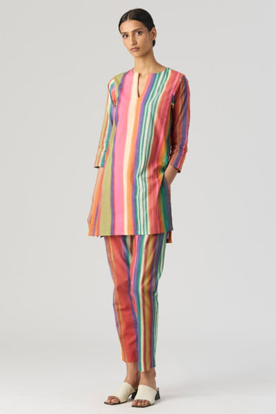 Multicolour stripe printed short kurta set