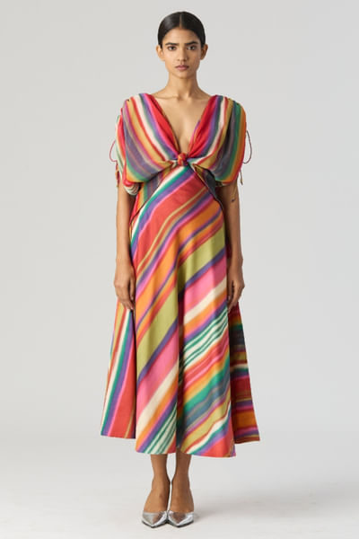 Multicolour stripe printed front-knotted dress