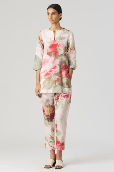 Beige rose printed short kurta set