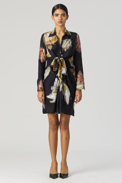 Black floral digital printed knotted dress
