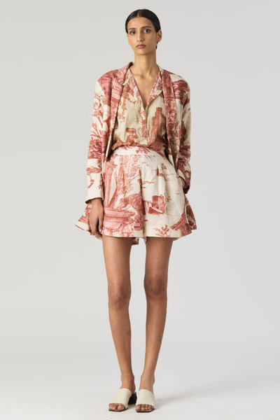 Red printed blazer and shorts set