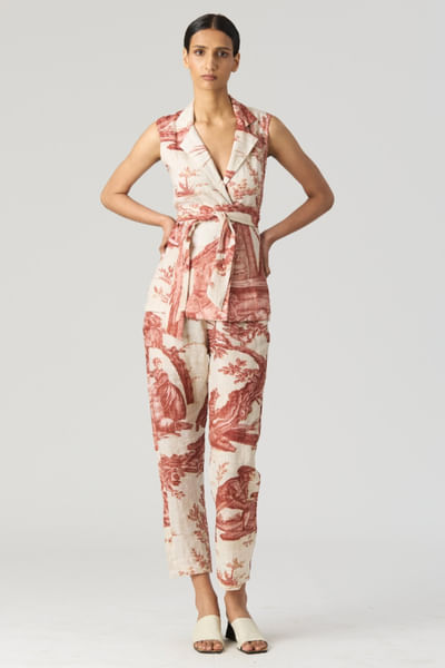 Red printed and belted jacket set