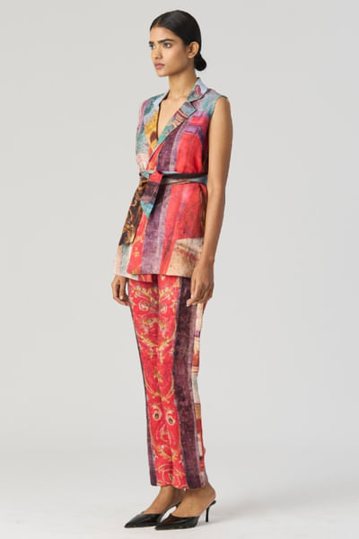 Multicolour printed and belted jacket set