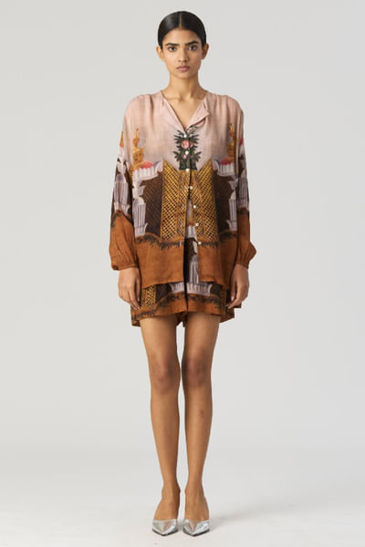 Brown Roman Fresco printed shirt-shorts set