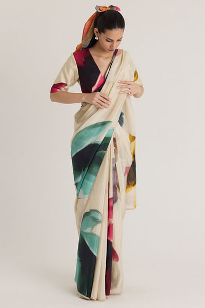 Off-white floral printed sari