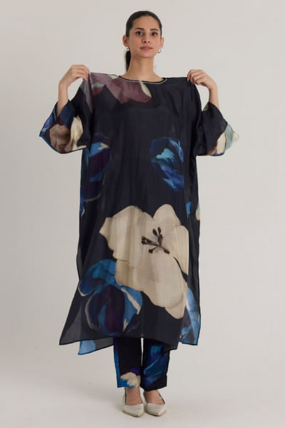 Black floral printed kaftan set