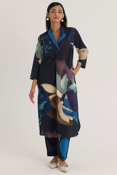 Black floral print kurta set
