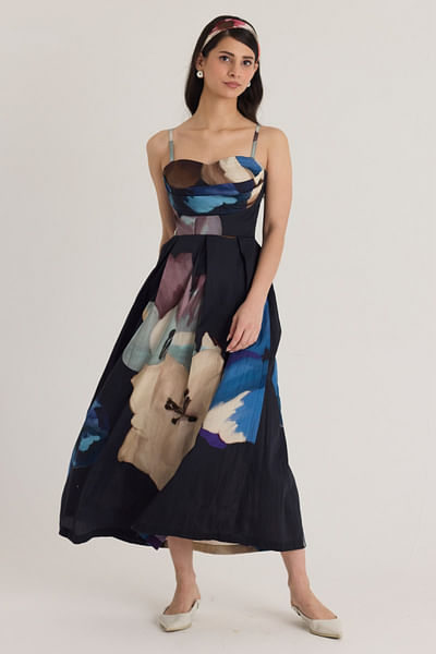 Black floral printed cowl dress