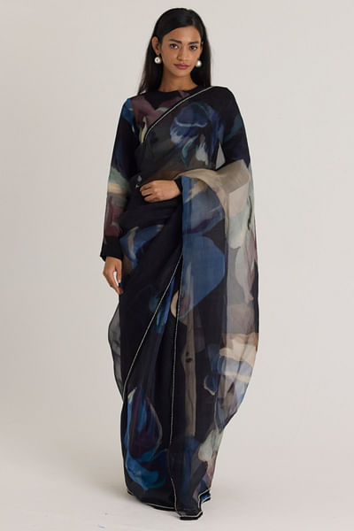 Black floral printed sari