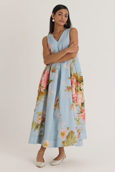 Blue floral printed dress