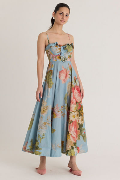 Blue floral printed frill dress