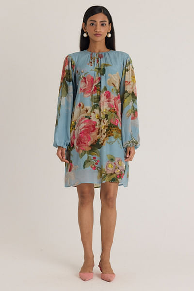 Blue floral printed short dress