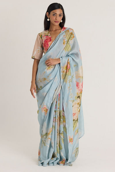 Blue floral printed sari