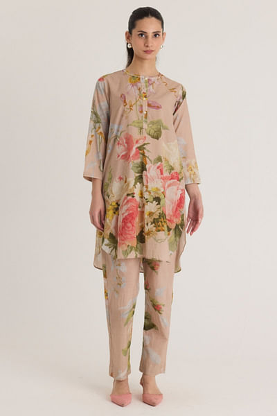 Pink floral printed short kurta set